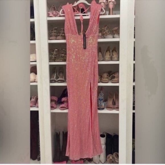 New Deep V-Neck Open Back Pink Reflective Elastic Sequin DRESS Size XS - Picture 6 of 10